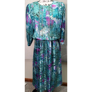 Vintage Damon II Maxi Dress Women Size 12 Teal Floral Sheer Metallic Back Zipper
